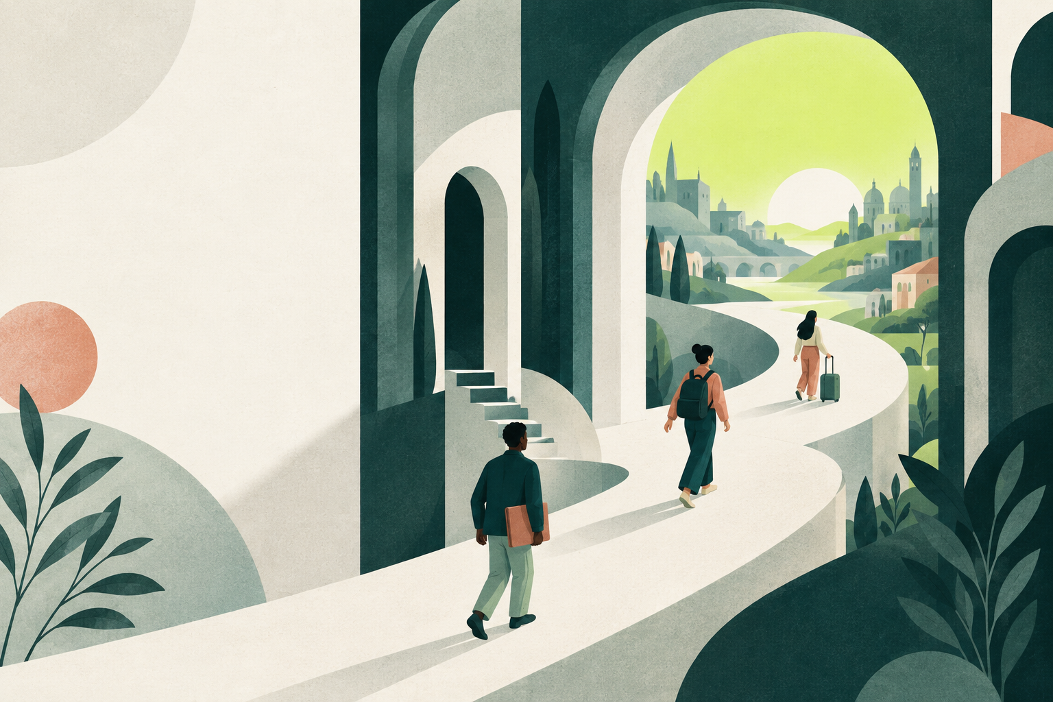 Three travellers walking a pale path through arches towards a sunlit city