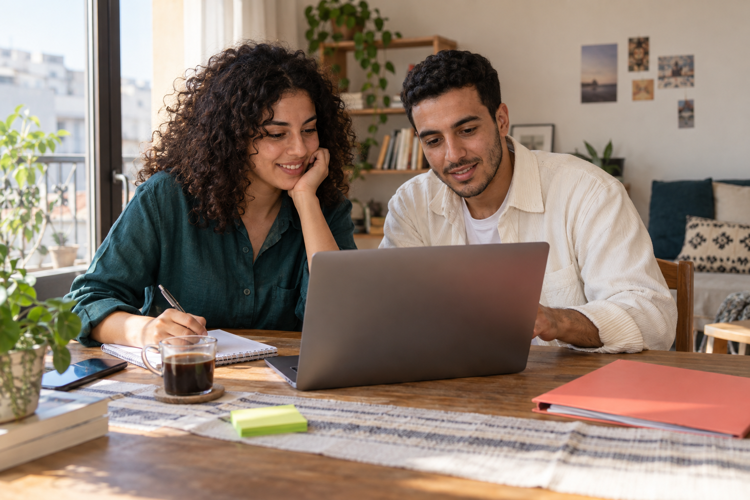 Two people working together at a laptop with a notebook and folder